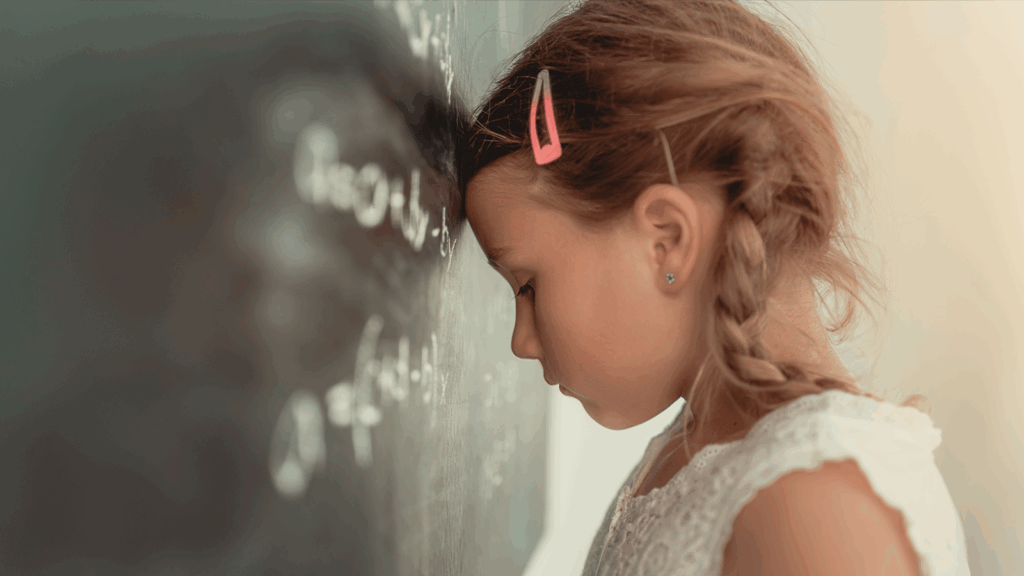 Ein junges Mädchen mit ADHS und zwei geflochtenen Zöpfen lehnt mit geschlossenen Augen und der Stirn gegen eine Schultafel. Sie wirkt erschöpft oder überfordert. Auf der Tafel sind verschwommene mathematische Formeln zu erkennen.
