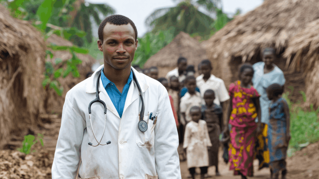 Ein afrikanischer Arzt in weißem Kittel mit Stethoskop um den Hals steht im Vordergrund, leicht lächelnd und direkt in die Kamera blickend. Im Hintergrund gehen mehrere Dorfbewohner, darunter Frauen und Kinder in bunter Kleidung, auf einem Weg zwischen strohgedeckten Hütten entlang. Die Szene vermittelt Hoffnung und gemeinschaftlichen Einsatz für medizinische Versorgung in ländlichen Regionen Afrikas.