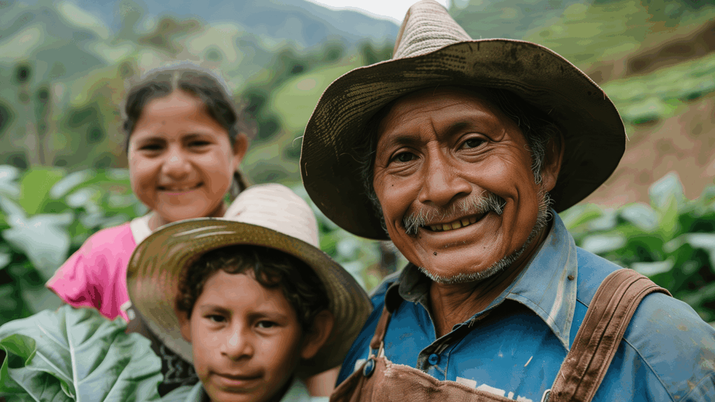 Drei Personen – ein älterer Mann und zwei Kinder – stehen lächelnd auf einem Feld in einer bergigen Region Südamerikas, umgeben von großen grünen Blättern. Sie tragen Strohhüte und einfache Kleidung, was auf landwirtschaftliche Arbeit und Gemeinschaftsleben hinweist. Symbolisiert die verbindende Kraft der Ergotherapie und Gemeinschaft in Südamerika.